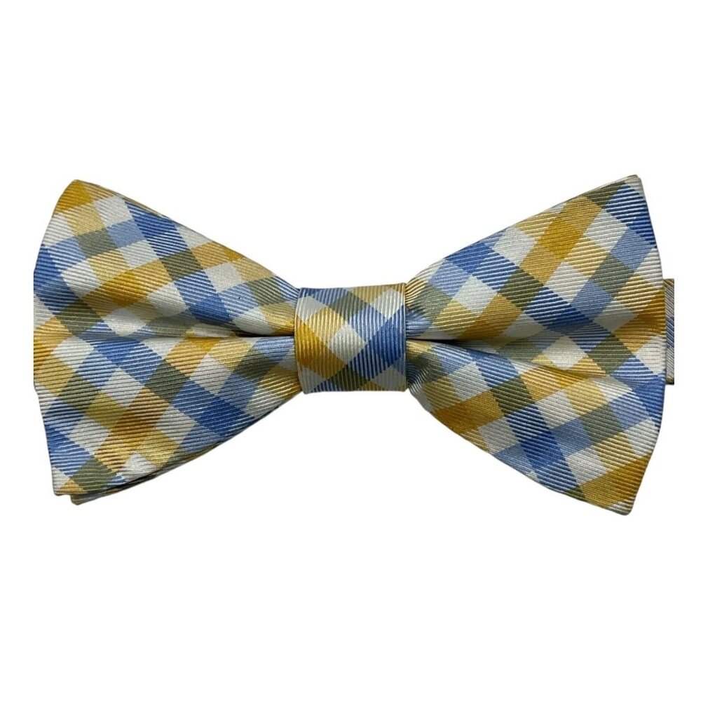 TOMMY HILFIGER Men's 100% Silk DESIGNER Bow Tie Yellow Blue Tartan W:2.5" EUC